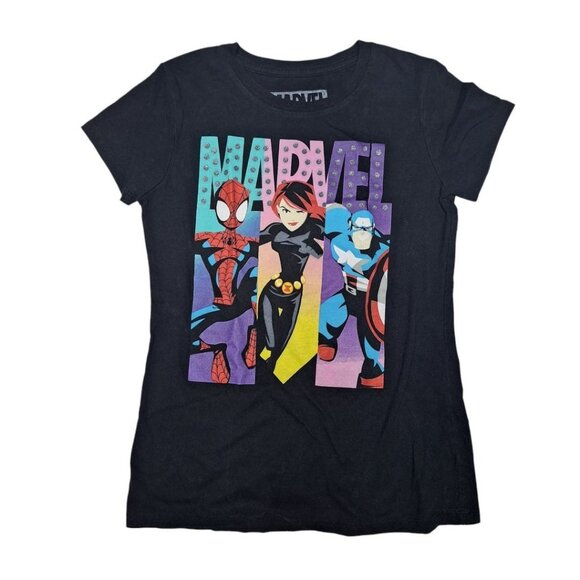 Marvel Super Hero Tee Shirt Black Pink Girls Large 10 12 Spiderman - Picture 1 of 4